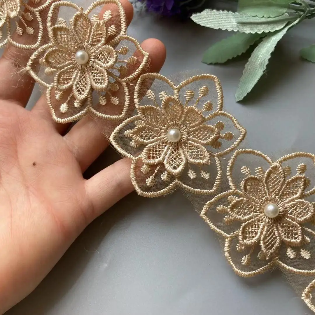 

2 Yard Gold Pearl Lace Double Flower Embroidered Trim Ribbon Patchwork DIY Handmade Dress Wedding Sewing Supplies Craft 5.5 cm