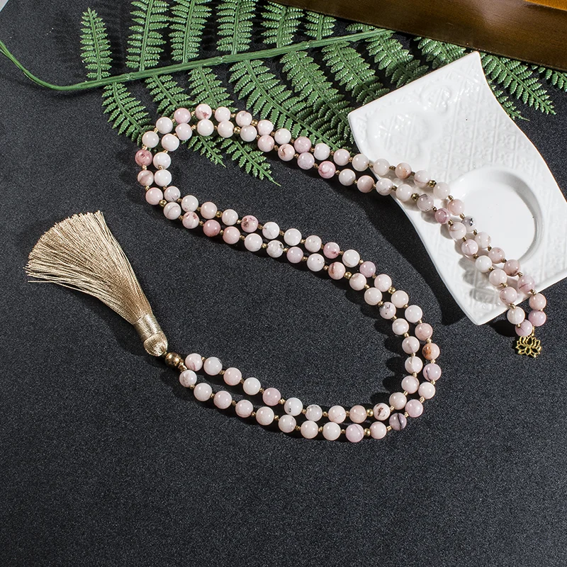 8mm Pink Opal Japamala Necklace Meditation Yoga Jewelry Set 108 Mala Beaded Knotted Women Rosary with Lotus Pendant