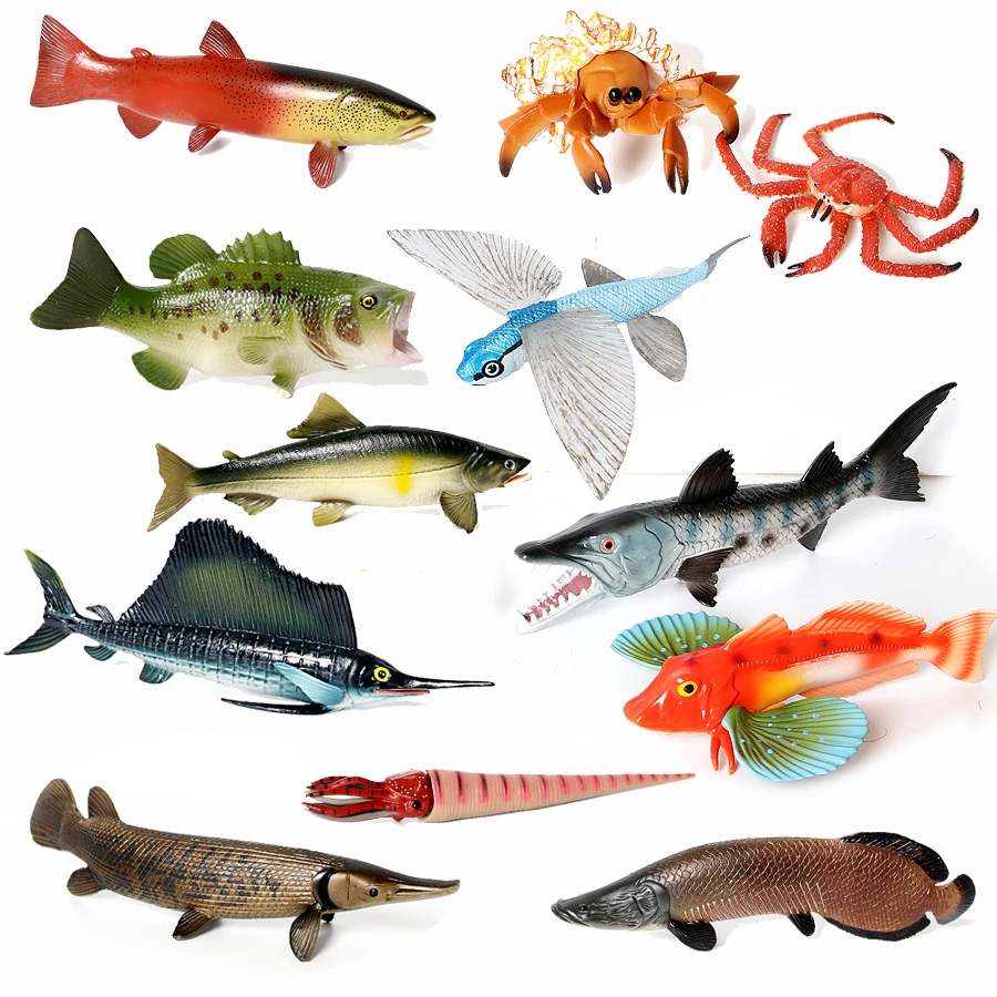 Simulated Alligator gar Silver Arowana Sailfish Trout King crab Sea Life Animals Figurines Model for Collection Educational toy