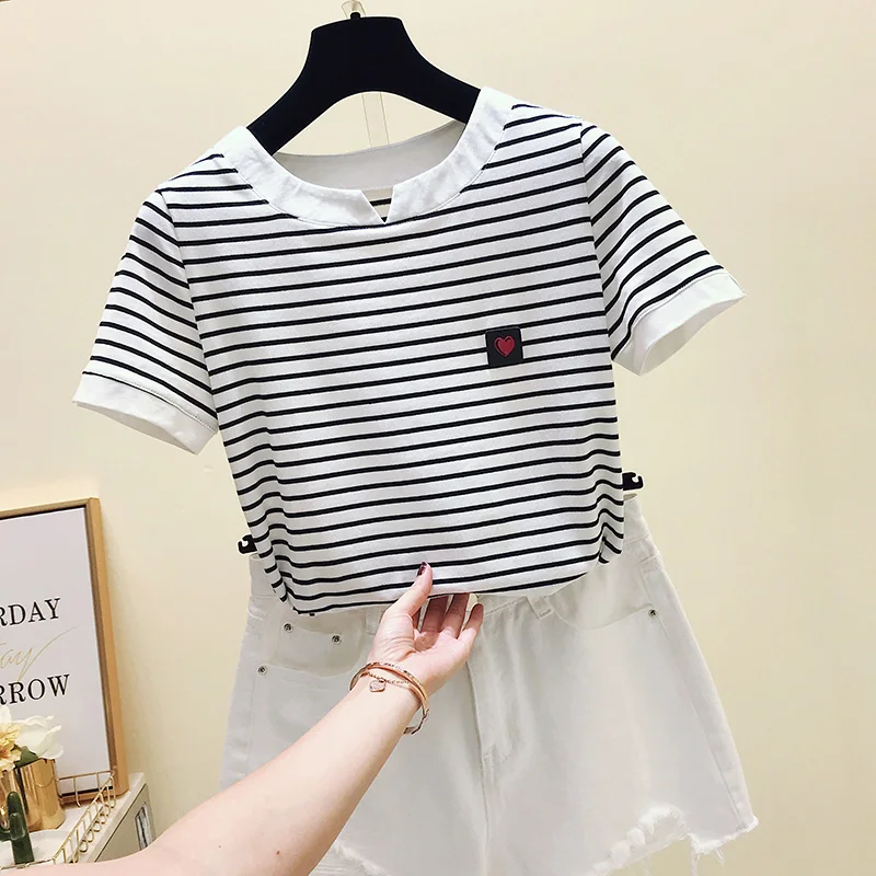 Poleras Mujer 2024 Short Sleeve Stripe Tops Female T Shirt Women Cotton Slim T-Shirt Woman Summer Camiseta Feminina Tshirt Femme