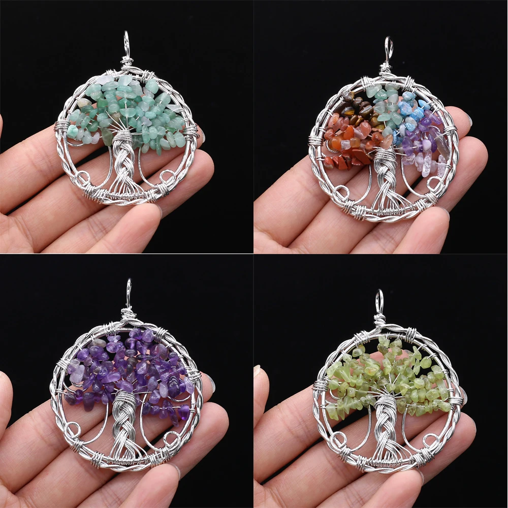 Fashion Charm Tree of Life Gravel Pendant Wisdom Tree Chakra Reiki Healing Natural Stone Crystal for Jewelry Making DIY Necklace