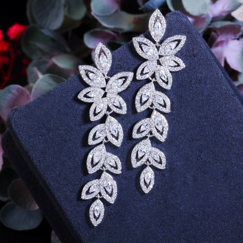 CWWZircons Poland Marquise Cubic Zirconia Cluster Dangling Drop Flower Leaf Long Earring for Women Wedding Banquet Jewelry CZ882