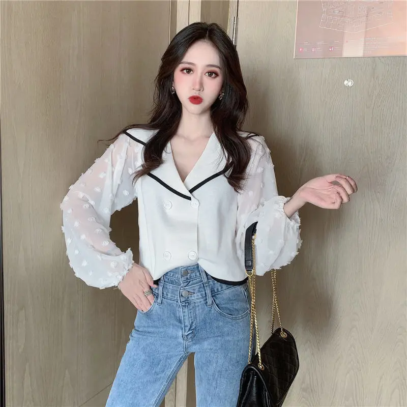 Women's Bubble Sleeve Chiffon Sexy Mesh V-neck Knitted Top Woman Sweaters Femme Chandails Pull Hiver