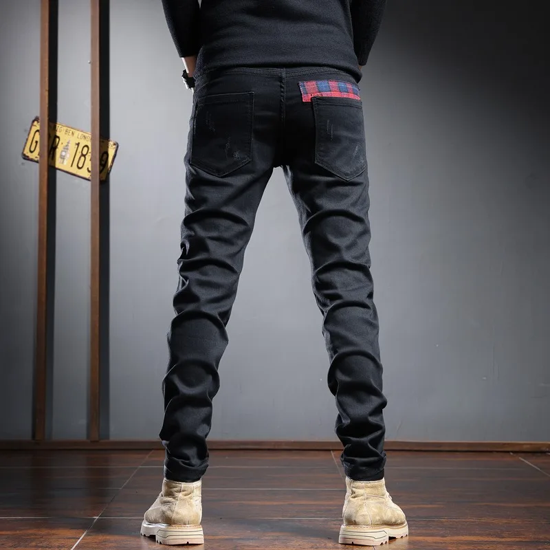 Fashion Men Jeans Black ripped Patchwork Pants Straight Leg Patches Jean Streetwear Casual Slim Fit Denim Trousers