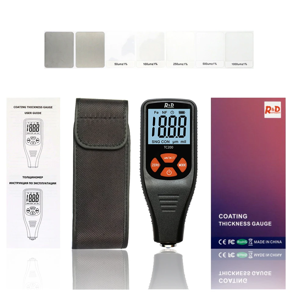 R & D TC200 قياس سمك الطلاء 0.1 ميكرون/0-1500 طلاء السيارات فيلم أداة قياس السمك قياس FE/NFE أداة الطلاء اليدوي الروسية