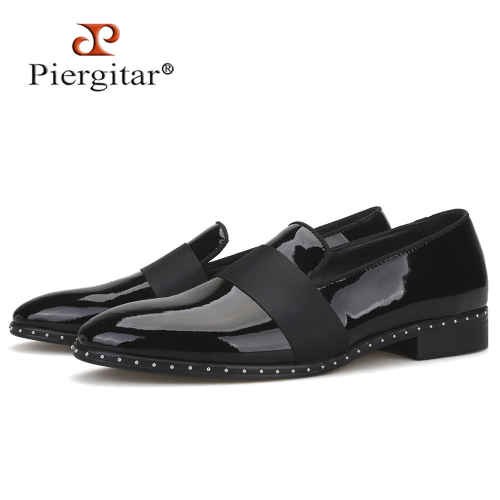 Piergitar handmade black patent leather men's loafers luxury brand party and wedding men dress shoes men's flats plus size