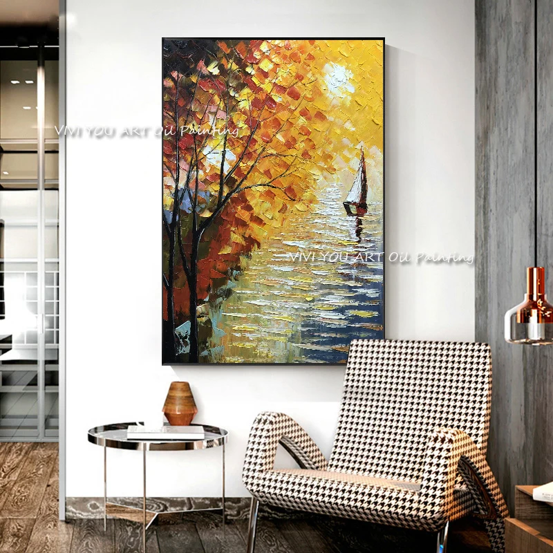 100% Handmade Abstract Knife Sunset Tree Landscape oil painting Handpainted Canvas Modern for Home Living Room Decoration