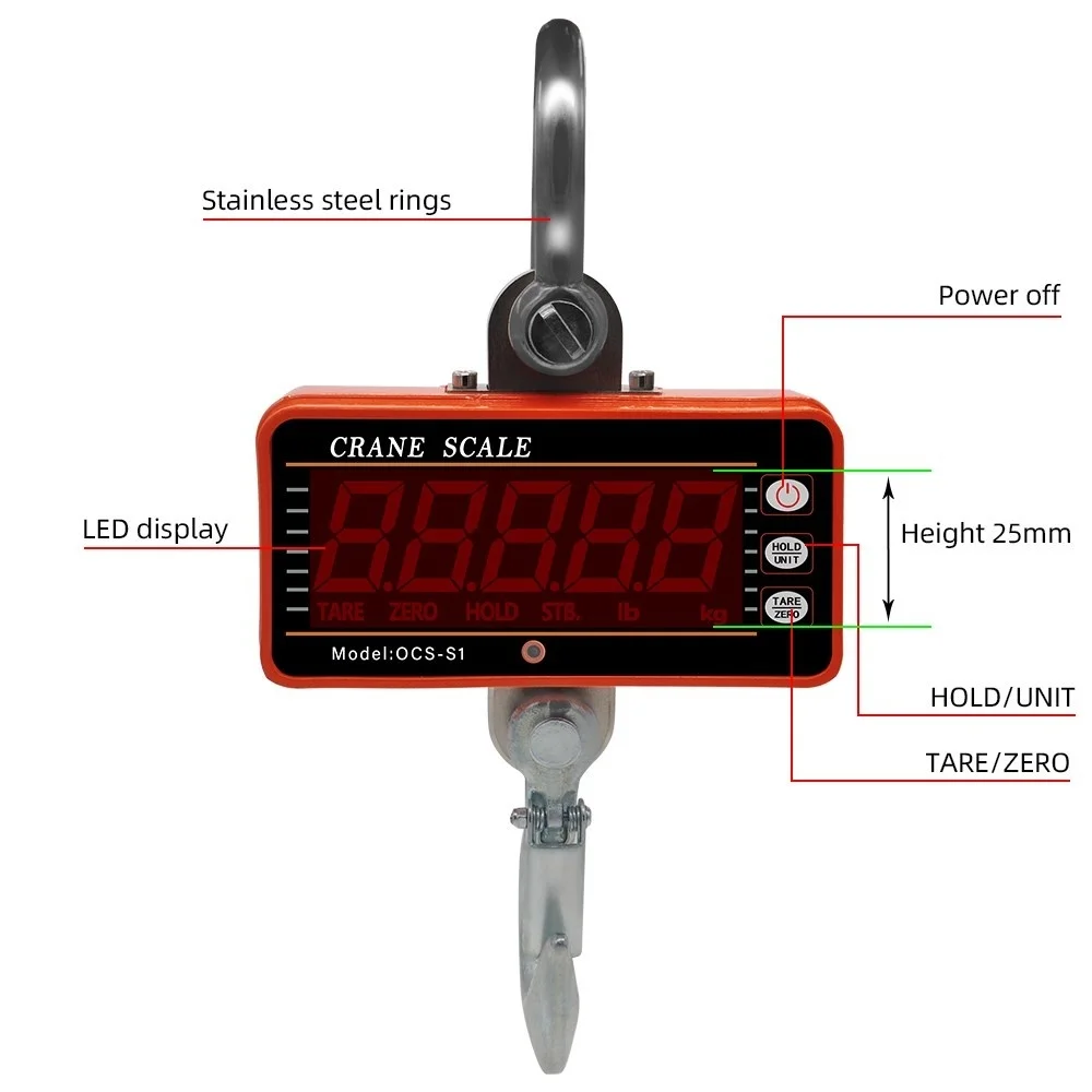 1000KG 2000LBS High Resolution Electronic Weighing Scale Digital LCD Hanging Hook Crane Scale OCS-S1 High Precision Heavy Scale