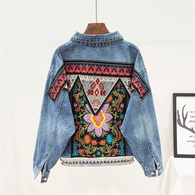 Vintage Jeans Jacket Coat Women Handwork Beading Embroidery Flowers Loose Short Bohemia Denim Jacket Female Long sleeve Outwear