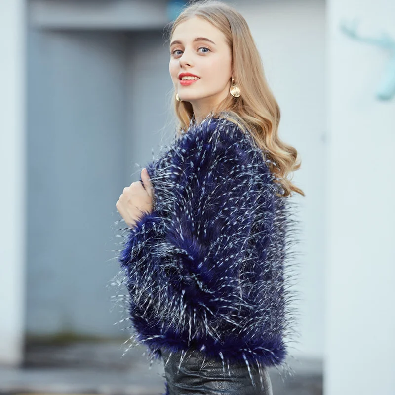 Blue Women Peacock Faux Female Furry Jacket Fall 2023 Winter Shaggy Artificial Fur Coat Abrigo Mujer KJ204