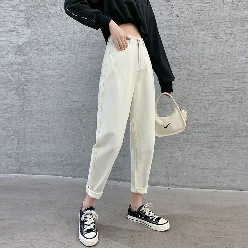 2021 summer new white loose and thin high-waisted jeans women