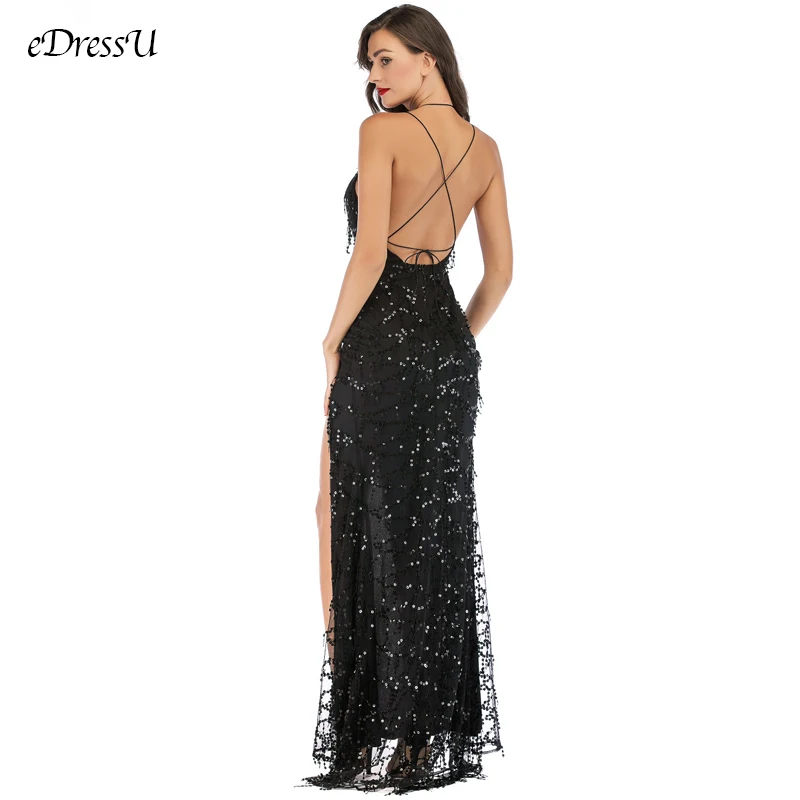 Sexy Split Evening Dress Tassel Party Dress Backless Vestido de Fiesta Robe de Soiree Sequins Formal Prom Dress YMK-620