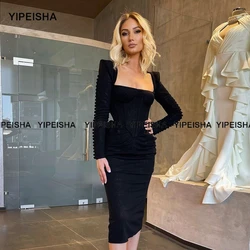 Yipeisha Square Neckline Long Sleeves Party Dresses Mermaid Tea-length Black Banquet Dress Prom Gown Formal Occasion