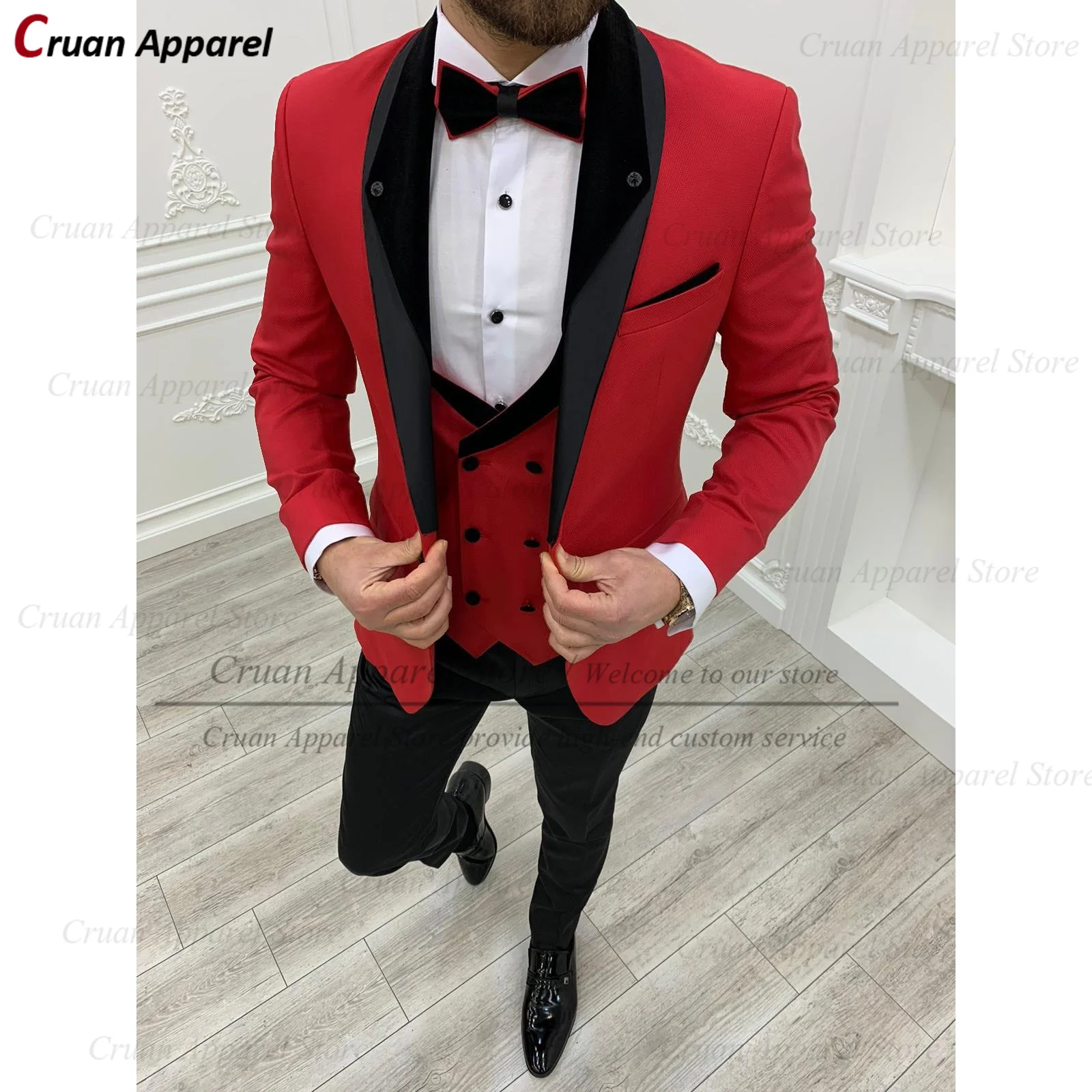 

Newest Red Wedding Dress Groom Tuxedo 3 Pieces Tailor-made Stylish Party Prom Shawl Lapel Suit Male Jacket Vest Pants Set Tuxedo