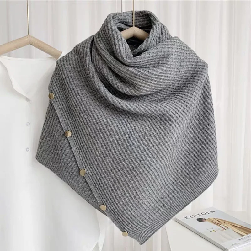 Button Solid Winter Women Poncho Cappa Scarf Rectangle Knitted Pashmina Shawl Wraps Shrugs Bufandas Sjaal Sciarpa Donna Inverno