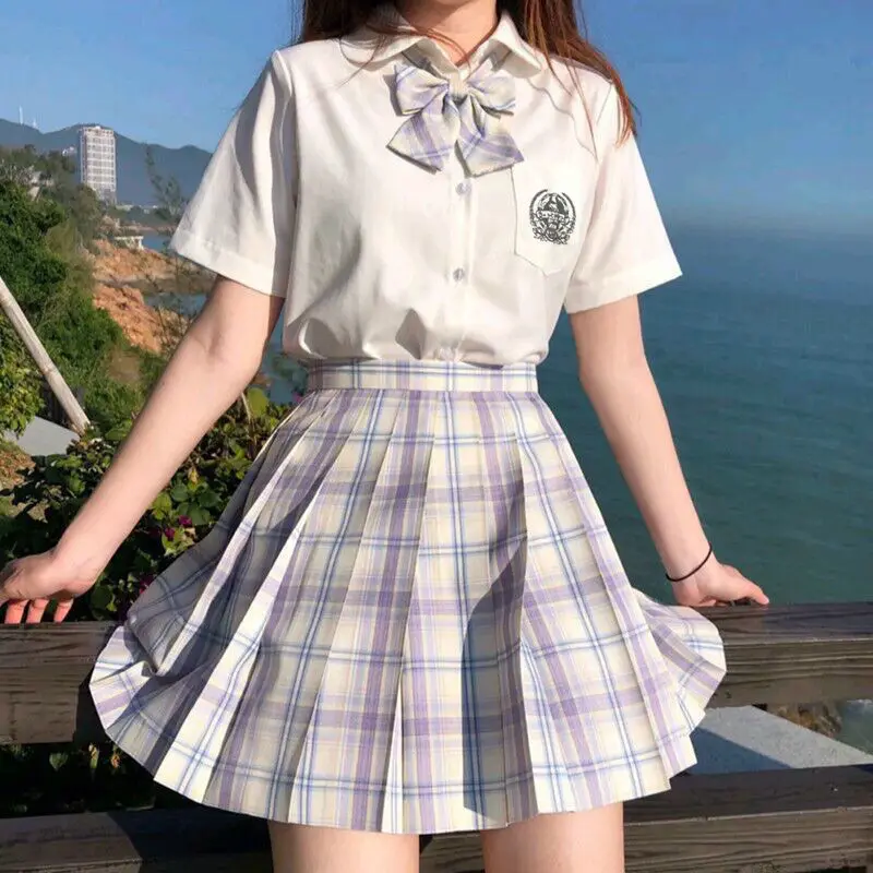 Romantic Purple Uniform JK Set Women 2021 Summer High Waist Skirts Korean Style Pleated Skirts Shirt And Tie For Cute Girls Suit