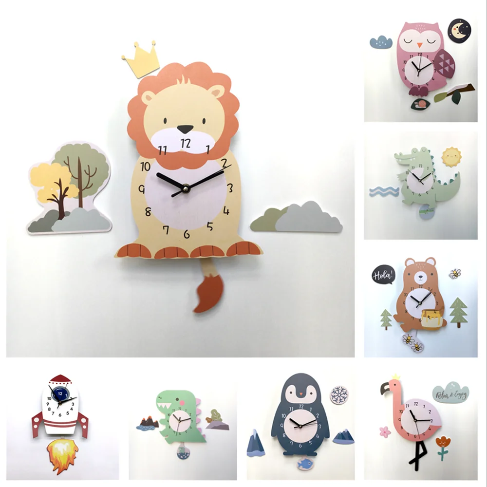 Penguin Flamingo Lion Aniamls Wall Clocks Home Decor Hanging Bedroom Swing Table Silent QuartzChildren Room Cartoon Wall Clock