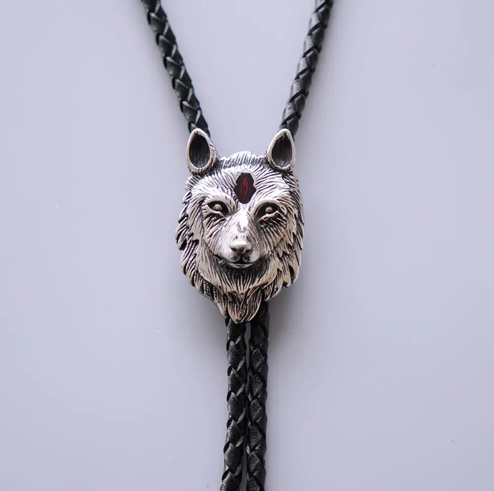 New Vintage Style Stainless Steel Enamel Wolf Bolo Tie Leather Necklace