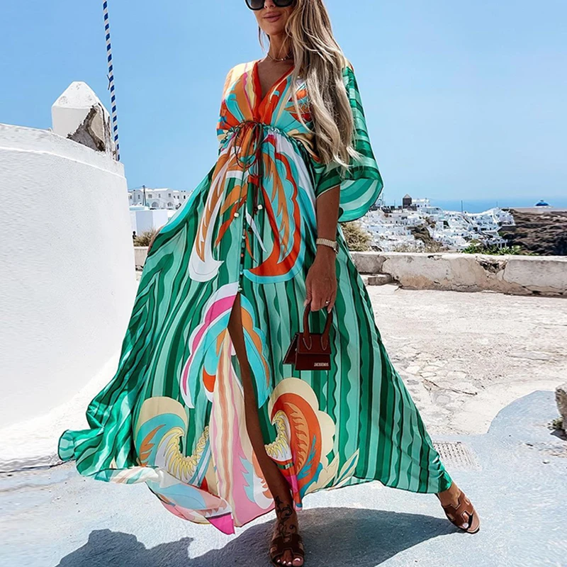 2023 Women Gorgeous Boho Print Maxi Beach Dress Summer Deep V Slit Elastic Waist Party Dress Elegant Holiday Long Dress Vestidos