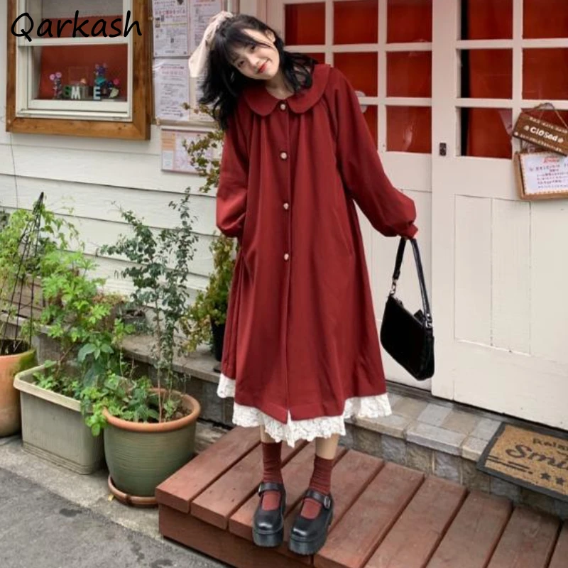 Blends Women Winter Coat Lace Mujer Solid Single Breasted Trendy Lantern Sleeve A-line Design Lovely Students Cute Girls Ulzzang