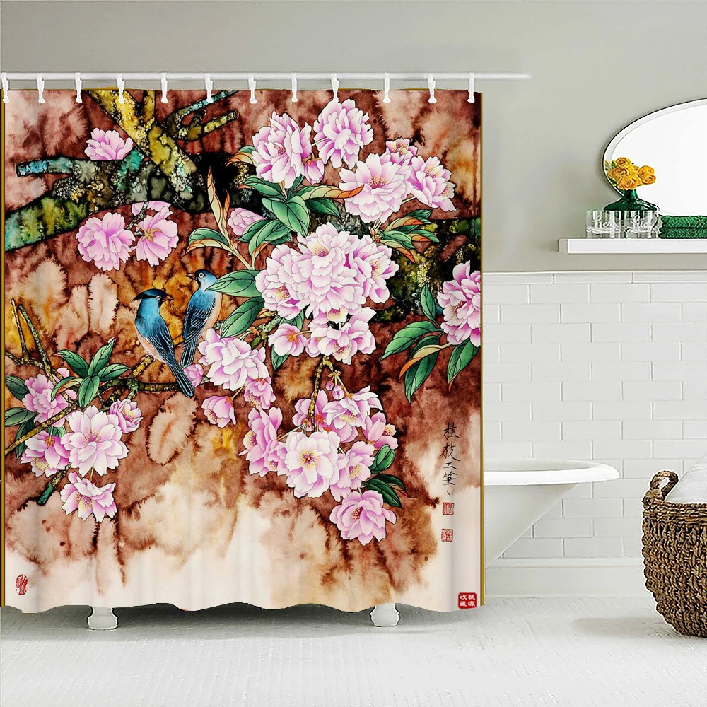 Chinese-style Printed Shower Curtain Waterproof Fabric Bathroom Plum Bossom Flowers Birds Plants  Bathtub Screen Home Decorate