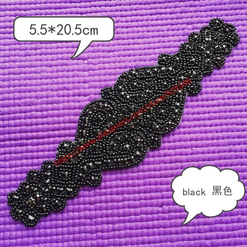 fashion black beads crystal applique for garments and dress accessory long black rhinestone flower beads trims for clothes waist