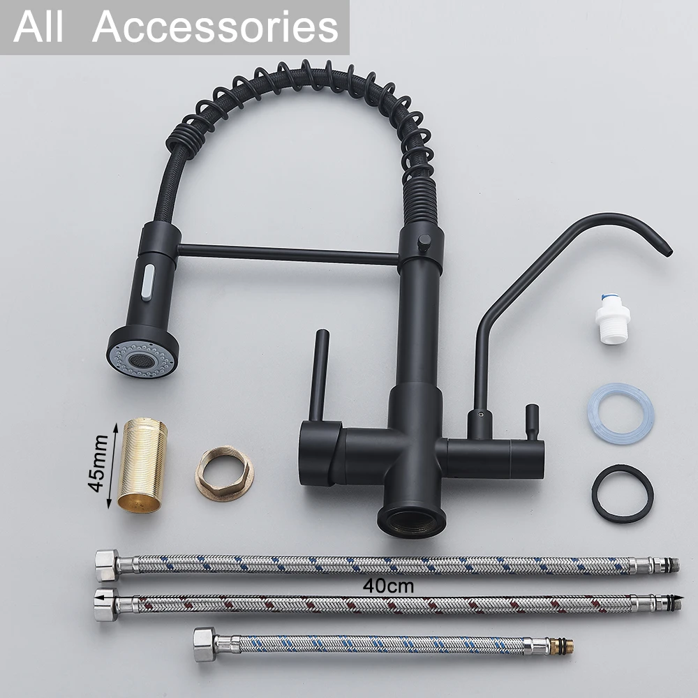 Matte Black Pure Water Filter Kitchen Faucet Dual Handle Hot and Cold Drinking Water Pull Out  Kitchen Mixer Taps Purification