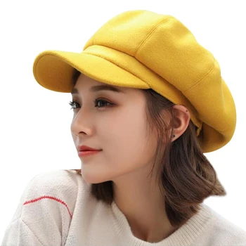แฟชั่นขนสัตว์ผู้หญิง Beret ฤดูใบไม้ร่วงฤดูหนาวหมวกแปดเหลี่ยมหมวกสไตล์ศิลปินจิตรกร Newsboy หมวกสีดําสีเทา Beret หมวก gorras
