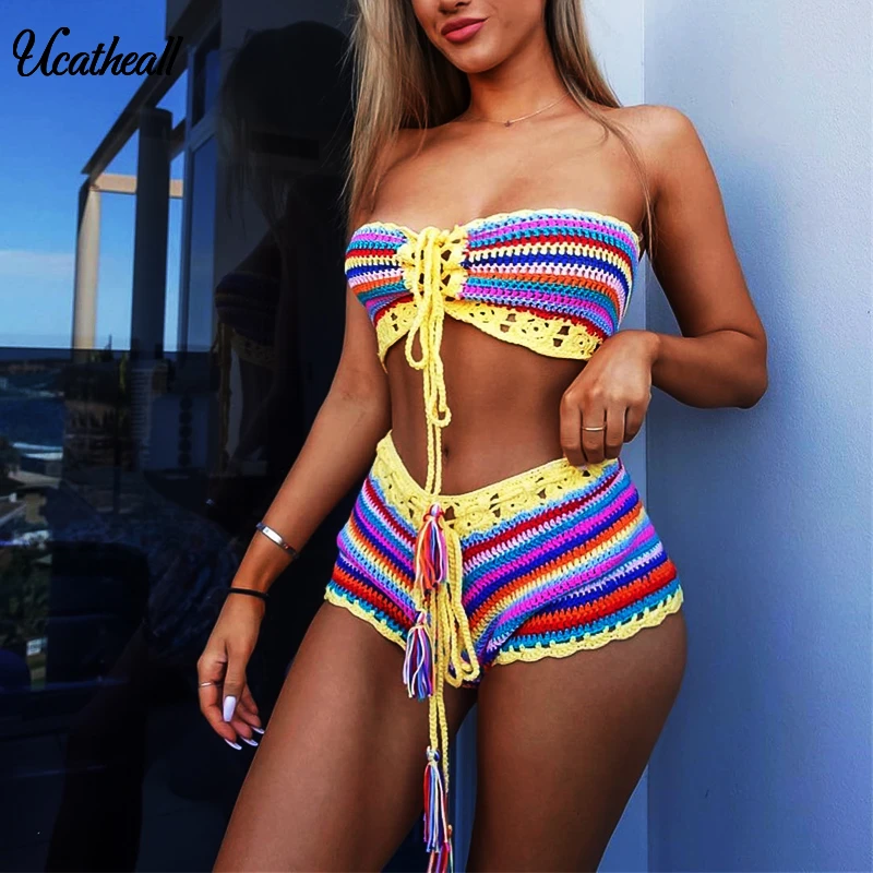 Fishing Net Women Two Piece Set Summer Tank Top +  Short Outfits Sets Tracksuit Hollow Out Femme Conjuntos De Mujer