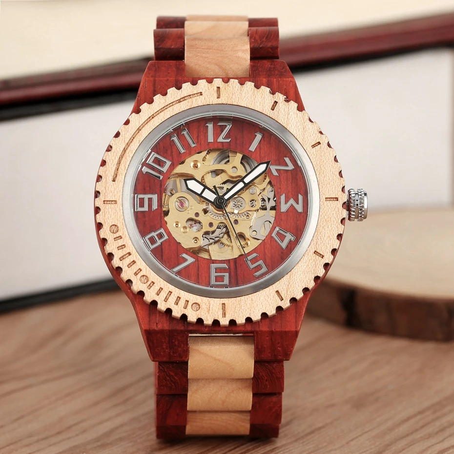 Vintage Red Wood Watch Mens Automatic Mechanical Wristwatches Wooden Band Watch Simple Round Dial Luxury Watch Relogio Masculino