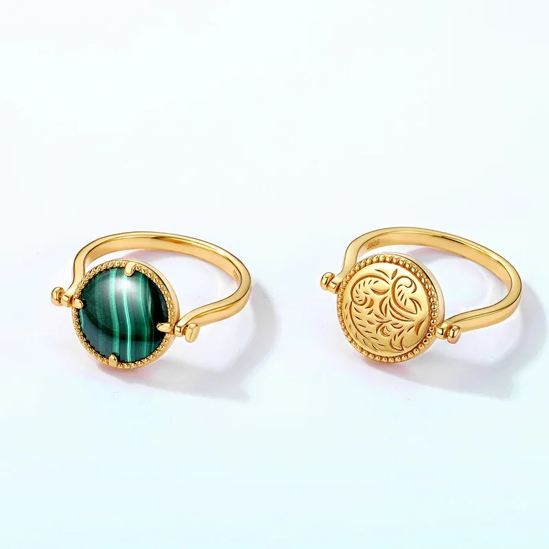 Anomokay New Round Green Malachite Gold Color Rings Two Sides Different Free Size 925 Silver Rings for Women Jewelry Gift