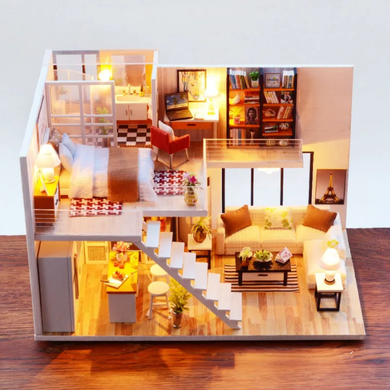 DIY Wooden Doll House with Furniture Miniature Dollhouse Furniture Kit with LED Toys for Children Adult Christmas Birthday Gift