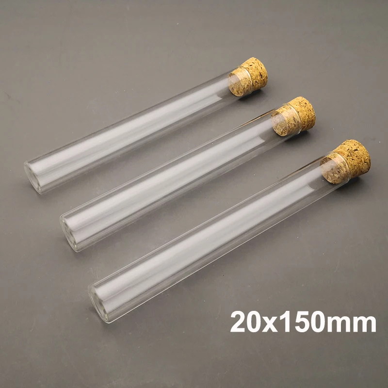 10pcs/lot 20x150mm Clear Glass Flat Bottom Test Tube with Cork Stopper, Lab Thickened Glass Reaction Vessel