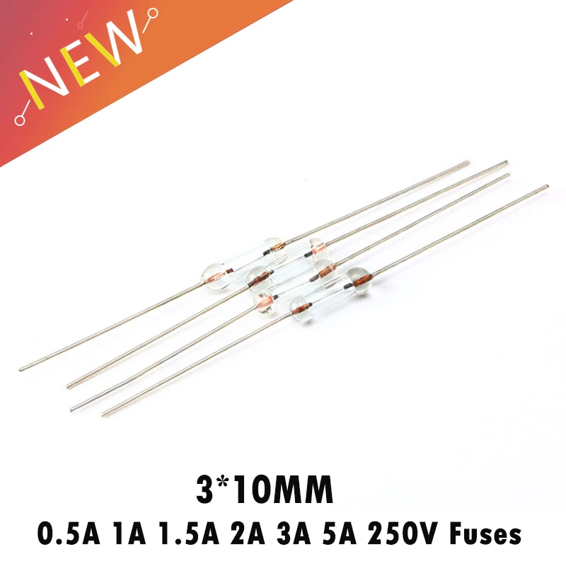 100Pcs/lot 3*10mm 250V Axial fast glass fuse with lead wire 0.5A/1A/1.5A/2A/3A/5A 250V Fuses Eco-friendly 3X10