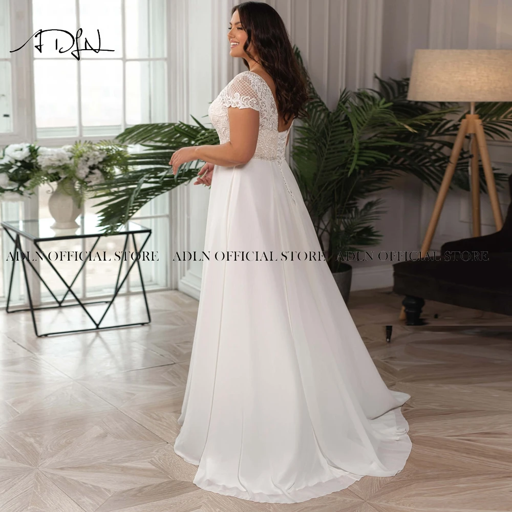 Vestido de novia elegante de gasa con cuello en V, manga corta, cuentas, espalda con cordones, talla grande