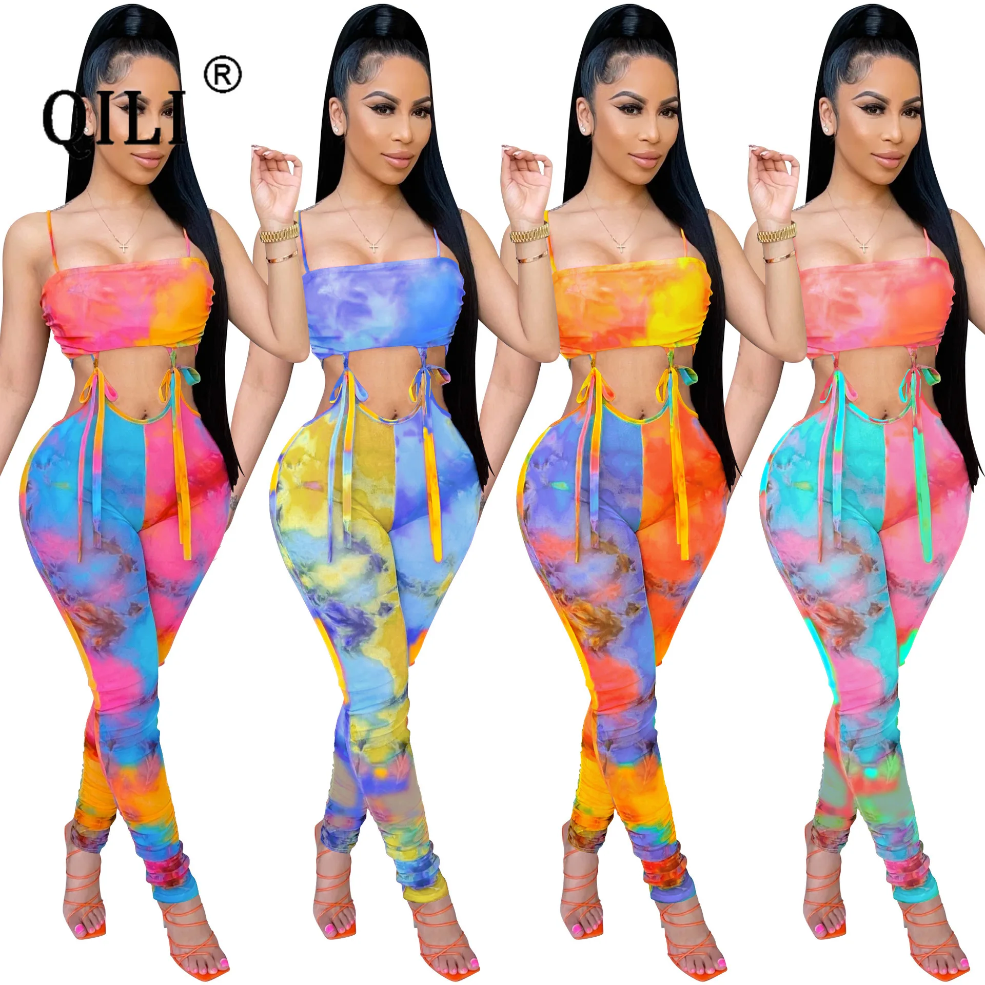 

QILI-Colorful Printing Sleeveless Jumpsuit, Sexy Suspenders, Wrapped Chest Strap, Trousers, Lace Up