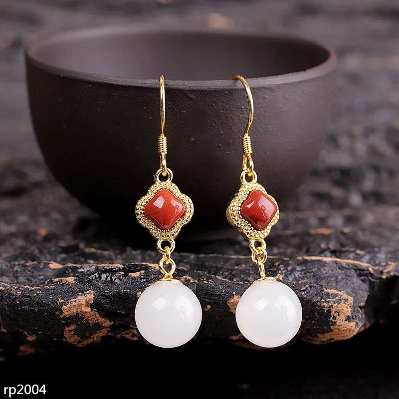 

KJJEAXCMY boutique jewelry S925 Sterling Silver Jewelry Hetian Jade Earrings Gold Plated Earrings South Red Agate New