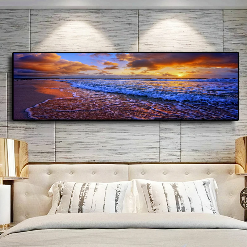 

Natural Gold Beach Sunset Landscape Posters and Prints Canvas Painting Panorama Scandinavian Wall Art Picture for Living Room