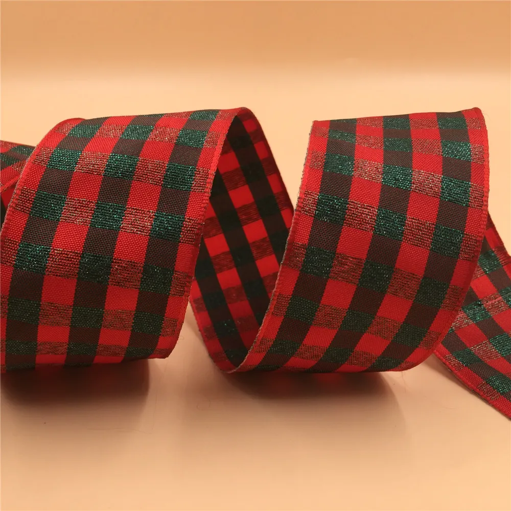 38MM 25yards Wired  Edge Red Scottish Checked Plaid Ribbon for Festival Christmas Decoration New Year Gift Wrapping