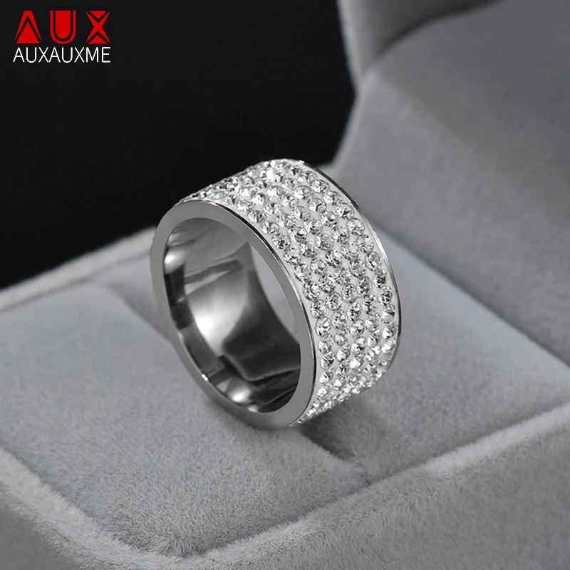 Auxauxme 5 Row Lines Clear White Stones Wedding Rings For Women Stainless Steel Fashion Zircon Shinny Rings Jewelry Gifts