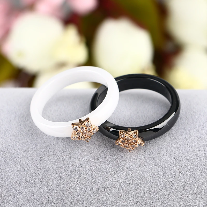 Fashion 3mm Width Ceramic Ring With Crystal Star For Women Elegant Jewelry Black White Pink Blue Smooth Ceramic Rings Gifts