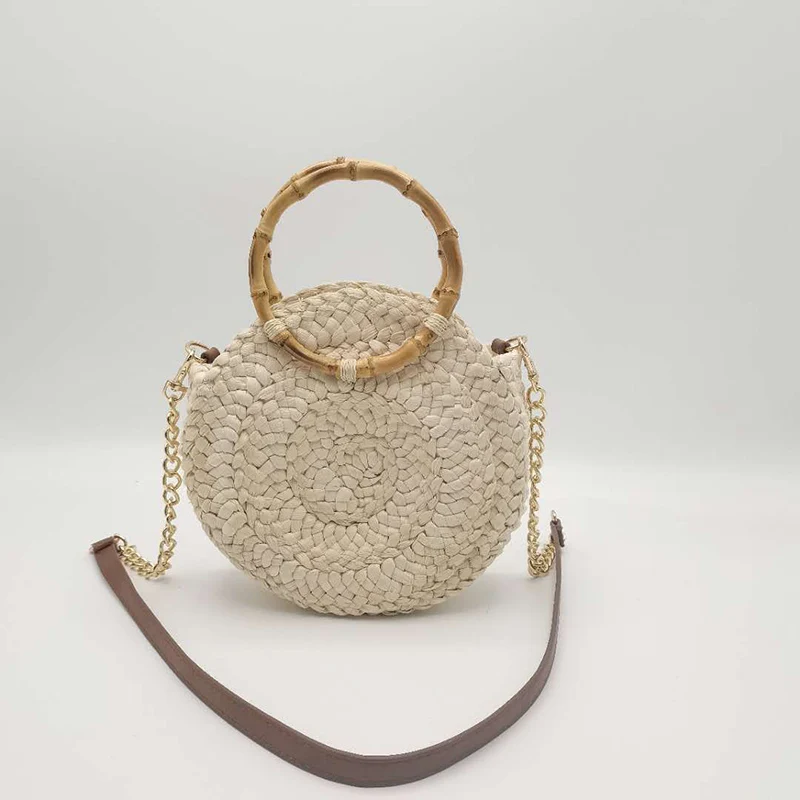 Handmade Round Women\'s Chain Crossbody Bag Bamboo Handle Handbag Bohemian Summer Beach Bags Female Woven Tote Straw Bag