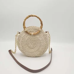 Handmade Round Women's Chain Crossbody Bag Bamboo Handle Handbag Bohemian Summer Beach Bags Female Woven Tote Straw Bag