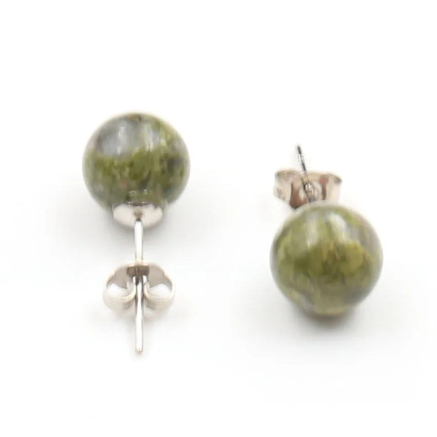 FYSL Silver Plated Unakite Stone Round Beads Stud Earrings for Women Blue Crystal Fashion Jewelry