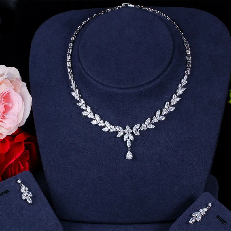 CC Jewelry Sets For Women Olive Branch Design Water Drop Fine Gift Brides Popular Wedding Party Necklace Earring Set T0133