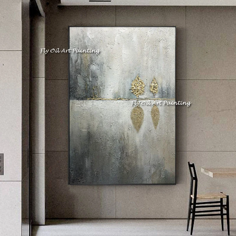 Abstract Golden Foil Leaf Painting Large Size 100% Handmade Oil Painting Plants Grey Wall Art Pic for Living Room Nordic Wall