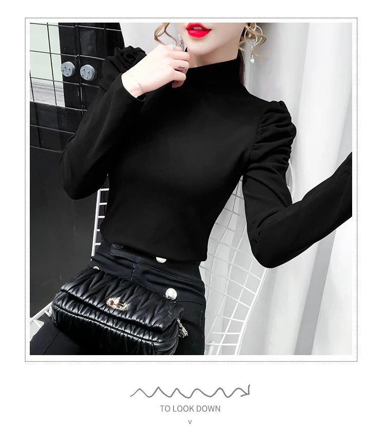 Women T-shirt Spring Autumn Turtleneck Clothes Ribbed Long Puff Sleeve Crop Tops Tees Female Slim Black White Tops