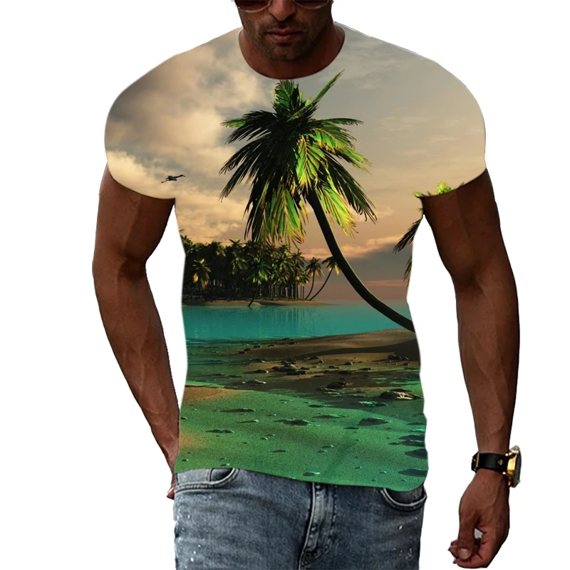 Summer Coastal Palm Tree graphic t shirts For Men Fashion Casual Landscape Pattern T-shirt 3D Printing short sleeve t-shirts Top