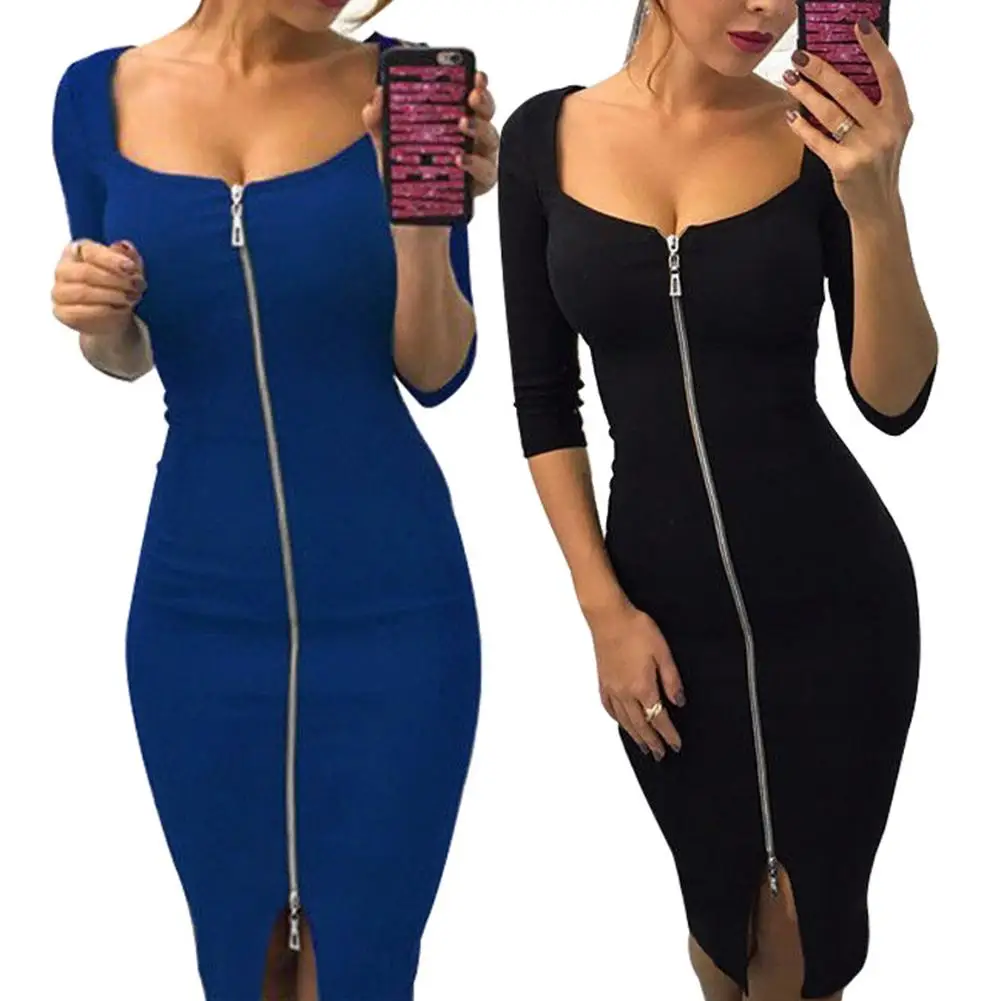 Newest Women Sexy Solid Color Zip UP V Neck Elbow Sleeve Bodycon Stretchy Party Christmas Elegant Dresses For New Year 2023