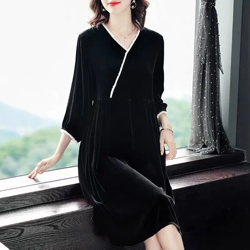 Fashion black dress 2024 Spring Fashion elegant velour party dress,patchwork pleated ruffled slim velvet dress Chic Vestidoes